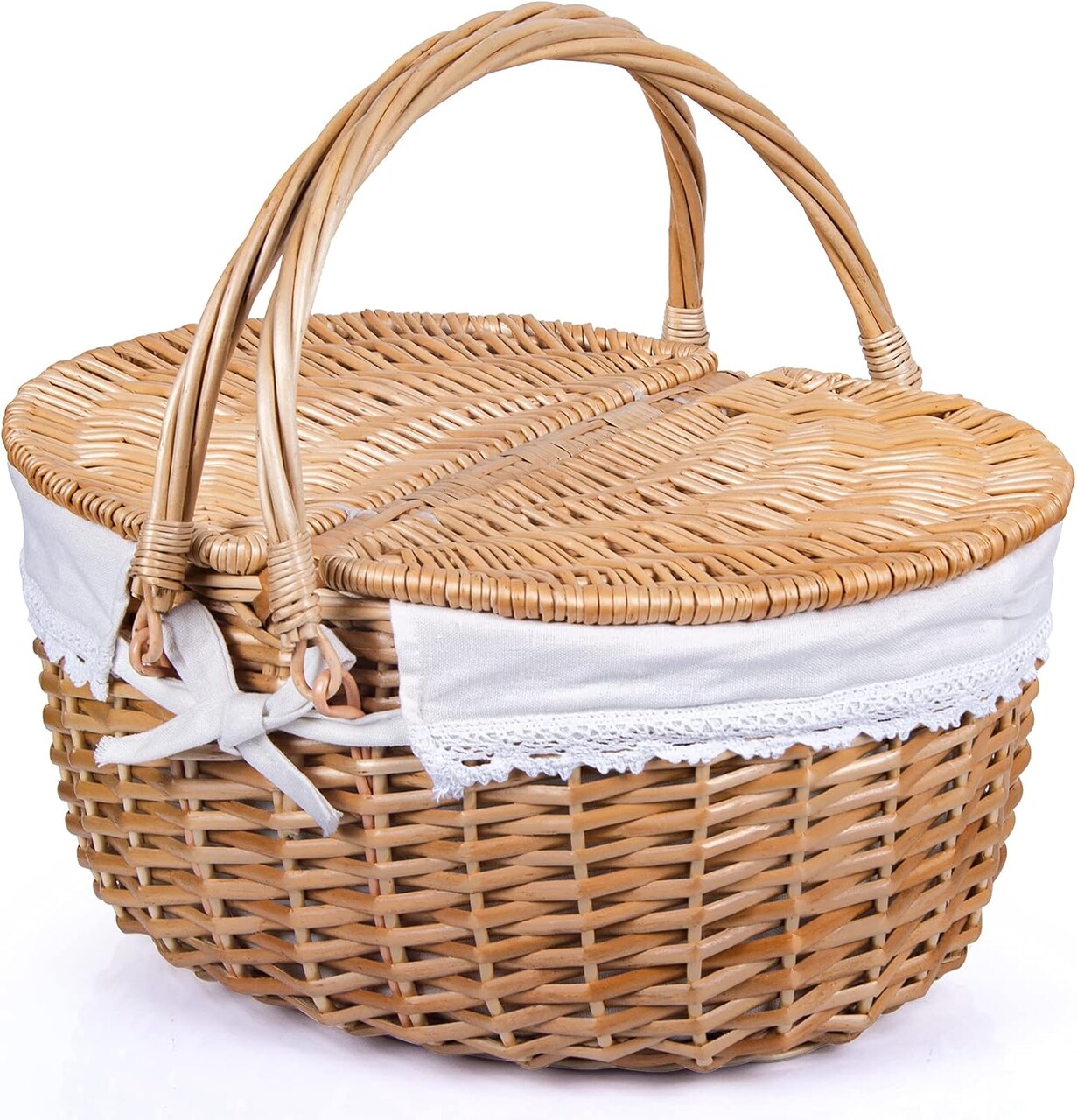 Picnic Basket with Lid and Handle Sturdy Woven Body with Washable Lining